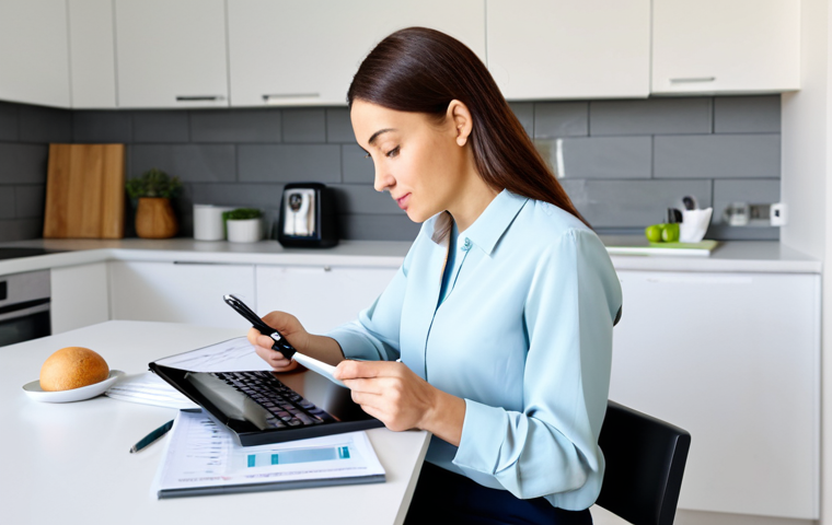 재무 목표 달성을 위한 의사결정 방법 - Budgeting & Expense Tracking**
"A professional woman in a modest blouse and smart casual pants, sit...