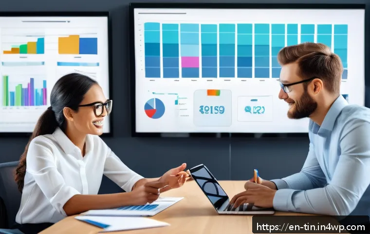 의사결정의 기준  정량적 vs 정성적 요소 - A modern office meeting scene showing a diverse team of professionals collaborating around a large d...